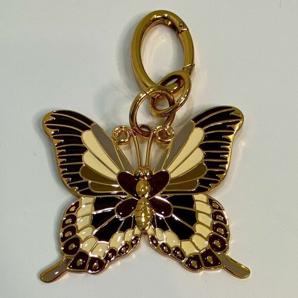 Large Butterfly Gold Tone With Brown & Tan Butterfly Clip Keychain Bag Charm - Picture 1 of 10